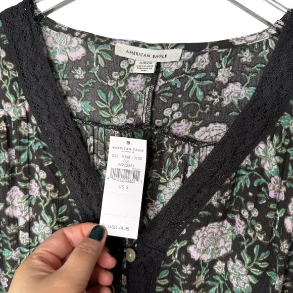 NEW American Eagle Witchy Dark Floral Long SleeveCottage Core Blouse Sz S - Picture 4 of 9